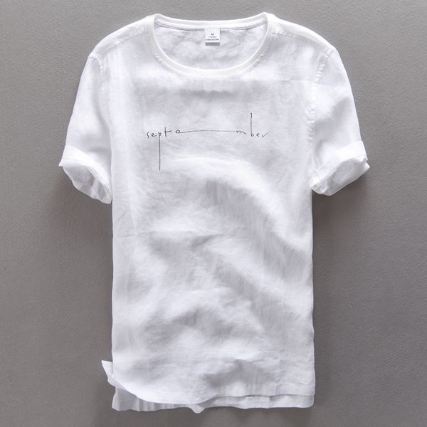 

2021 new round neck print letters short sleeve pure linen t shirt summer casual t-shirt men white thin flax tshirt mens camiseta 3xl u2s8