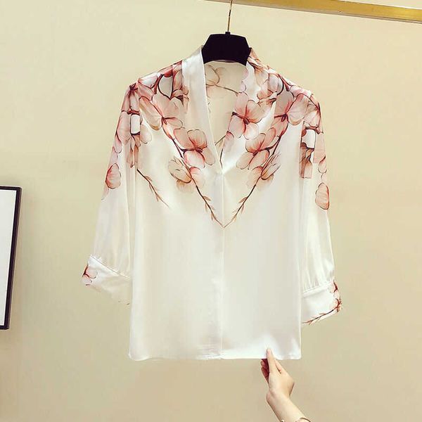 

women's spring autumn style chiffon blouses shirt v-neck printed three quarter sleeve casual loose df3895 210609, White