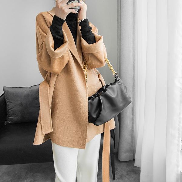 

women's wool & blends korean version of the classic double-sided nylon lace lapel jacket women 2021 autumn woolen clothing, Black