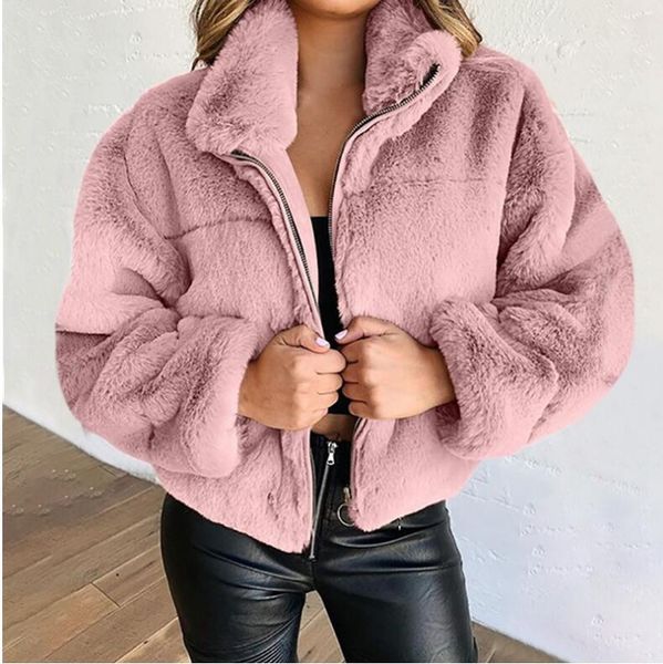 

women's fur & faux 2021 winter women hoodie warm long sleeve fleece jackets crop zip up punk outwear coats with pockets short coat, Black