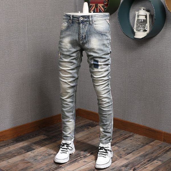 

2021 new fashion streetwear men jeans retro blue wash elastic slim fit ripped denim italian style vintage designer pencil pants b5z9