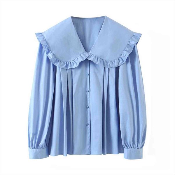 

blsqr sweet blue button up women blouses loose peter pan collar long sleeve female shirts chic, White