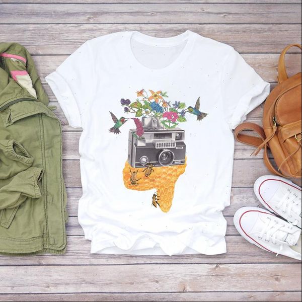 

women 2021 camera flower bird vintage printing kawaii print summer shirt t shirts t graphic female ladies womens tee t shirt, White