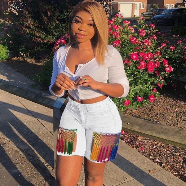 

women's jeans mdmupaogit patchwork tassel denim shorts black casual high waist jean streetwear washed ripped hole biker, Blue