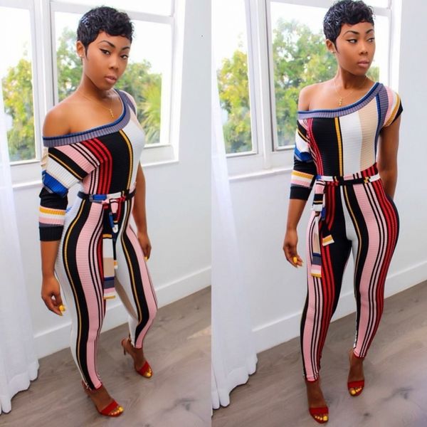

high elastic knitt ladies'overalls slash neck a shoulder bodysuit casual stripes bodycon club wear overalls 6bpz, Gray