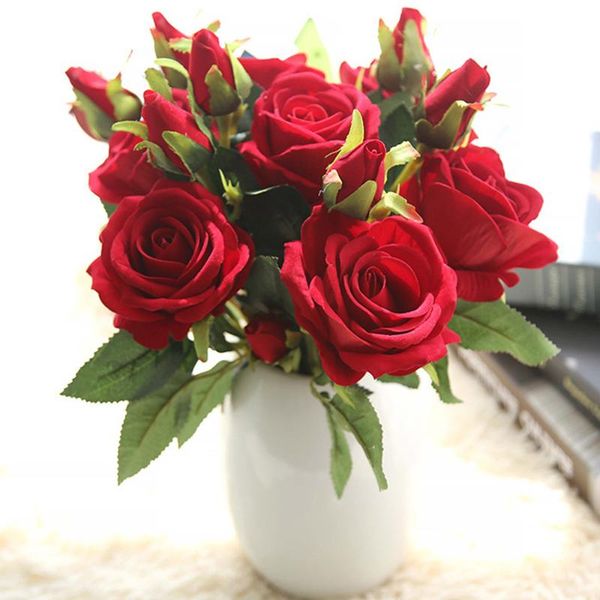 

1pc 3 heads/branch artificial silk rose flower bud fake flower branch for home garden wedding birthday party decoration supplies