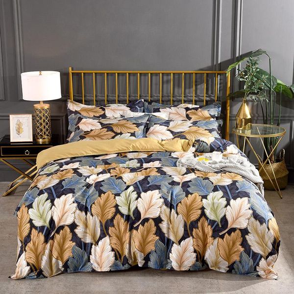 

modern printed leaf bedding sets flat bed linen sheet plaid stripe nordic duvet cover set single double  king bedclothes