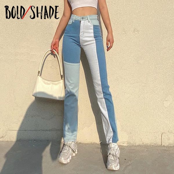 

women's jeans bold shade grunge fashion 90s patchwork blue denim high waist indie style women straight streetwear skinny pants