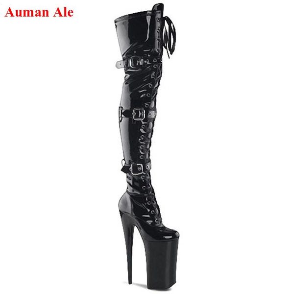 

boots auman ale 12-23 cm high heels women buckle round head dancer fashion catwalk shoes over-the-knee, Black