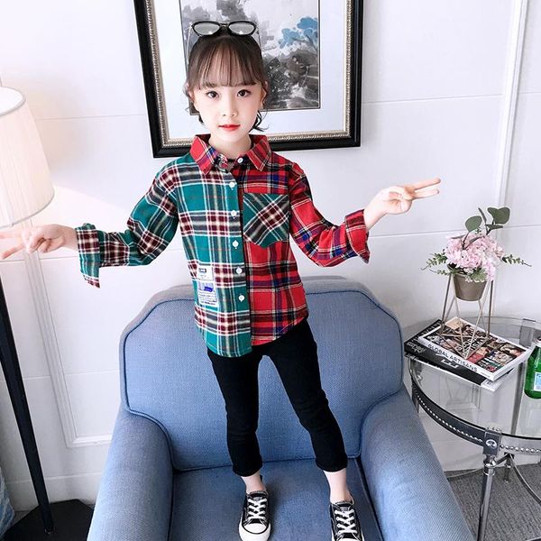 

shirts ins children's shirt for girl cotton 3-13 years plaid long sleeve two- color spring and autumn kids casual clothes, White;black