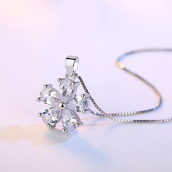 

pendant necklaces wholesale 12pcs/lot flower zirconia crystal pendants necklace box chain choker collares jewelry gifts for women, Silver