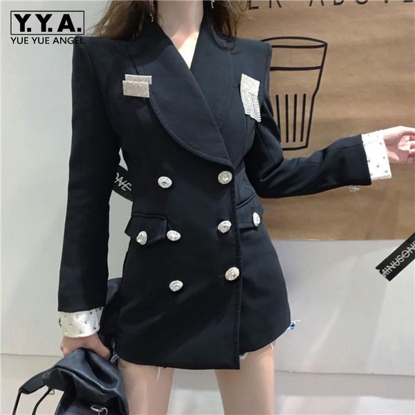 

women's jackets streetwear suits women fashion diamond double breasted slim black suit jacket elegant lapel office lady medium long coa, Black;brown
