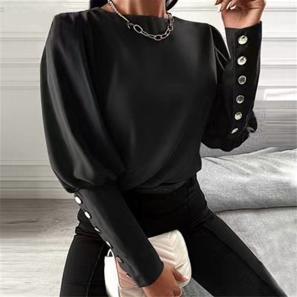 

womens lantern sleeve shirt round neck off fashion casual solid color blouse, White