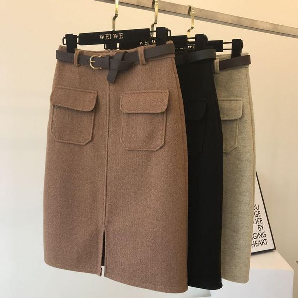 

skirts 2021 autumn winter vintage women midi long skirt split sashes high waist woolen female solid pockets a line ab1213, Black