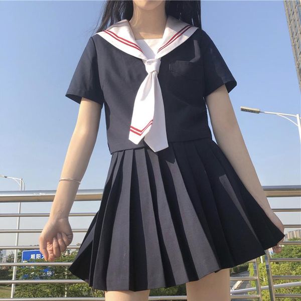 

clothing sets college short-sleeved + high-waisted pleated skirt jk uniforms suit female summer japanese school uniform, White
