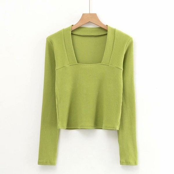 

new 2021 spring long sleeve knitted square collar cropped solid color slim t-shirts harajuku 4nnn, White