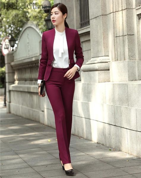 

fashion elegant wine women pantsuits formal business work wear professional ladies office blazers with pants and jackets coat women's t, White