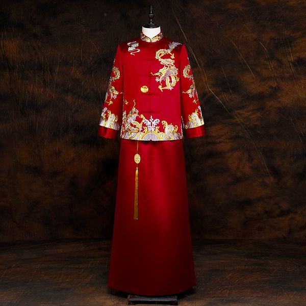 

tv film stage wear male cheongsam chinese style costume the groom clothing traditional wedding qipao for man dragon embroidered oriental app, Black;red