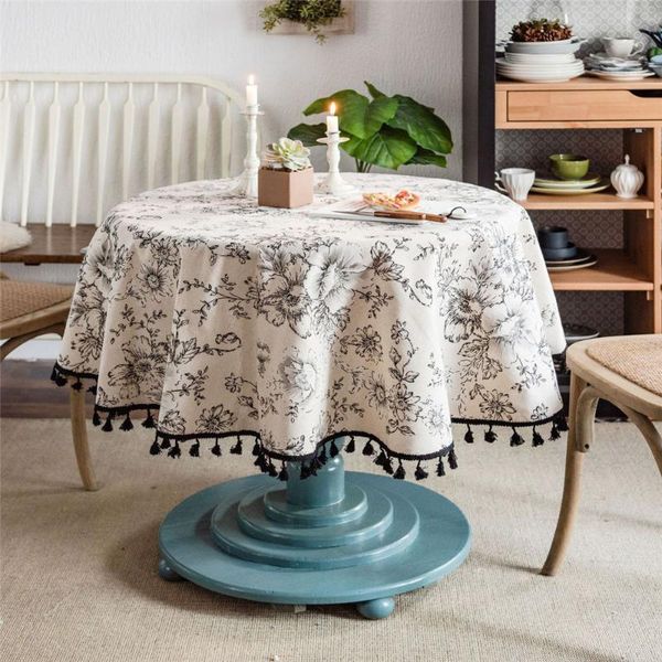 

table cloth floral cotton linen round tablecloth for cover picnic black tassel decoration protector decor