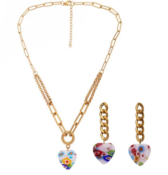 

earrings & necklace stainless steel chain metal fashion simple heart-shaped glass set joyeria acero inoxidable mujer marcas lujo, Silver