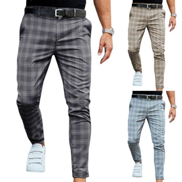 

men's pants 2021 mens check slim fit soft stretch casual long trousers work office business, Black