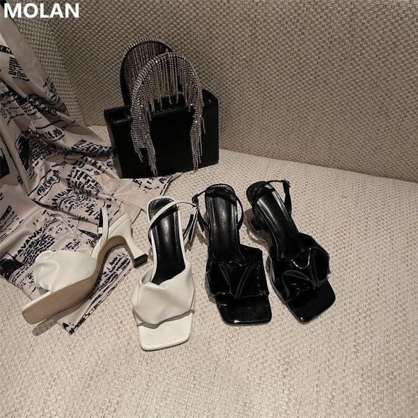 

dress shoes molan brand designer 2021 summer fashion pleated leather high heel back strap woman sandals pumps socofy lady footwear, Black