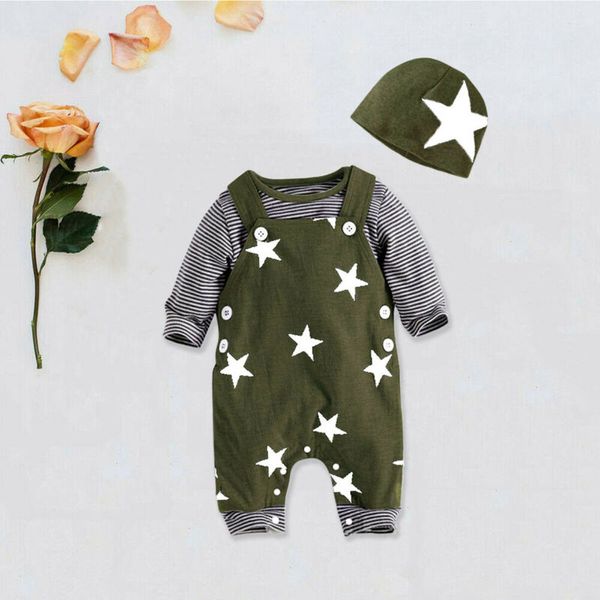 

3pcs toddler baby boys outfits stripe t-shirt strap romper pants hat clothes boys clothing set, White