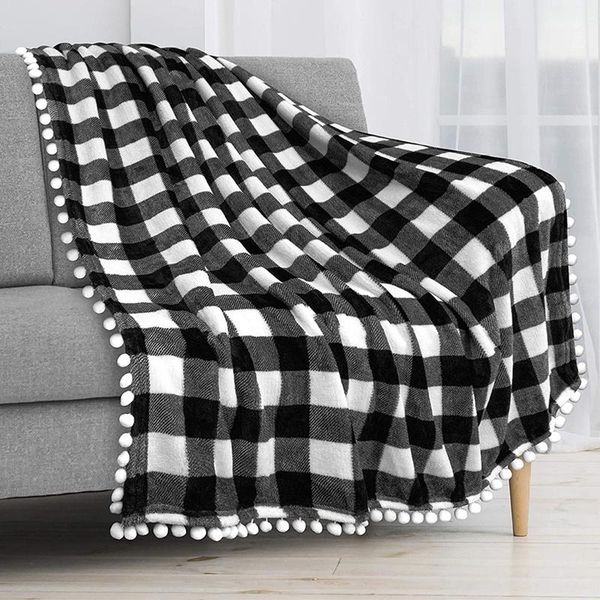 

blankets white black blanket check soft fleece fringe for couch bed sofa