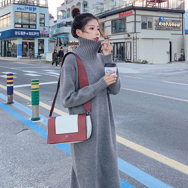 

light luxury dress high neck pullover lazy sweater autumn winter knee t-shirt women's 2020 new loose medium length, Black;gray