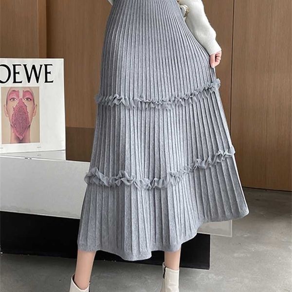 

tigena autumn winter women knitted skirt korean casual solid gray a line high waist pleated midi long female ladies 211109, Black