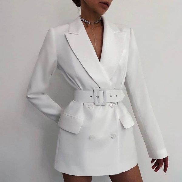 

fashion slim double breasted blazers women elegant office lady solid notched jackets women tie belt waist pockets suit ladies, White;black