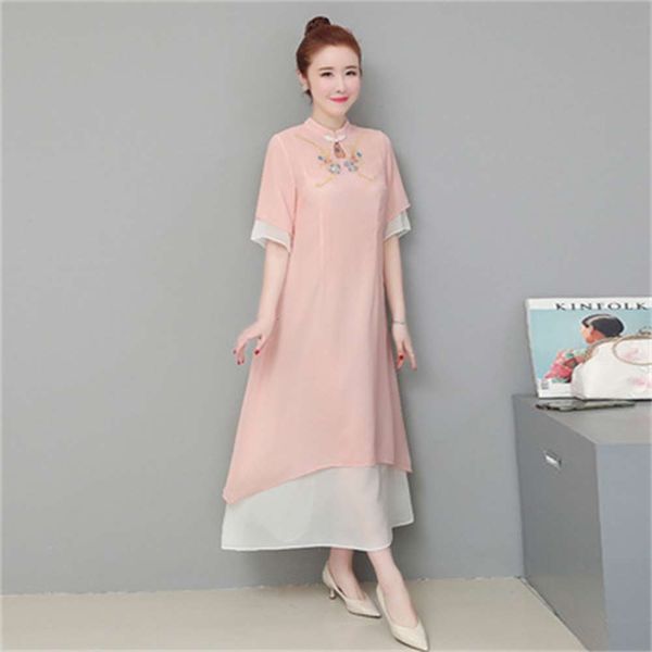 

summer national style zen dress medium long skirt embroidery improved hanfu chinese loose short sleeve chiffon dress, Black;gray