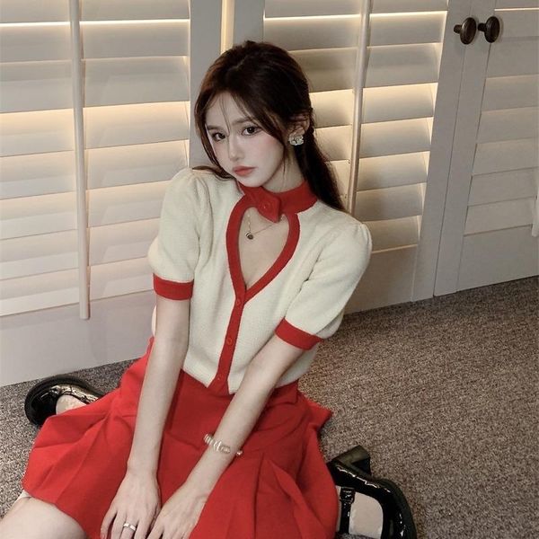 

women's knits & tees japanese sweet love hollow out autumn sweaters korean chic puff short sleeve cardigans red patchwork crop ol knitw, White