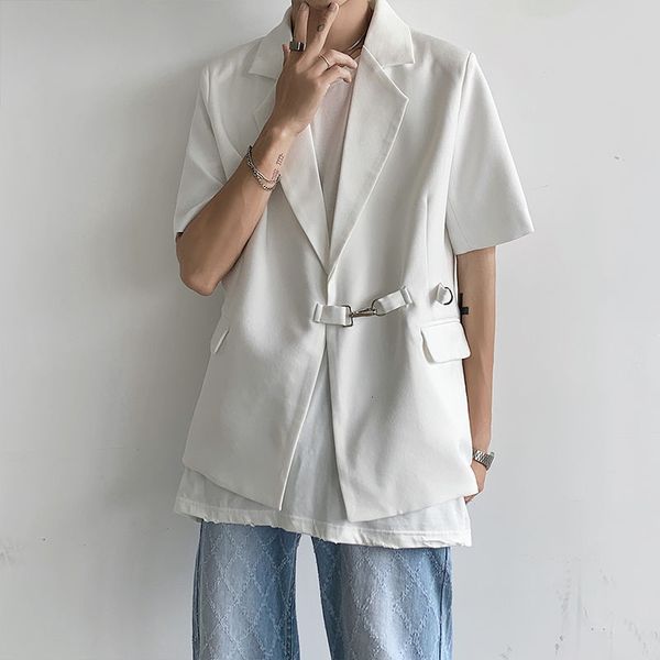 

summer new short sleeve suit coat men's key chain design loose black white causal korean trend blazer oversized coat 9y7710, White;black