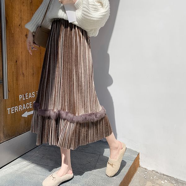 

2021 Top quality Autumn Winter Gold Veet Pleated Women Long Patchwork Rabbit Fur Skirt Elegant A-line Midi Skirts Female Party G3BC, Black