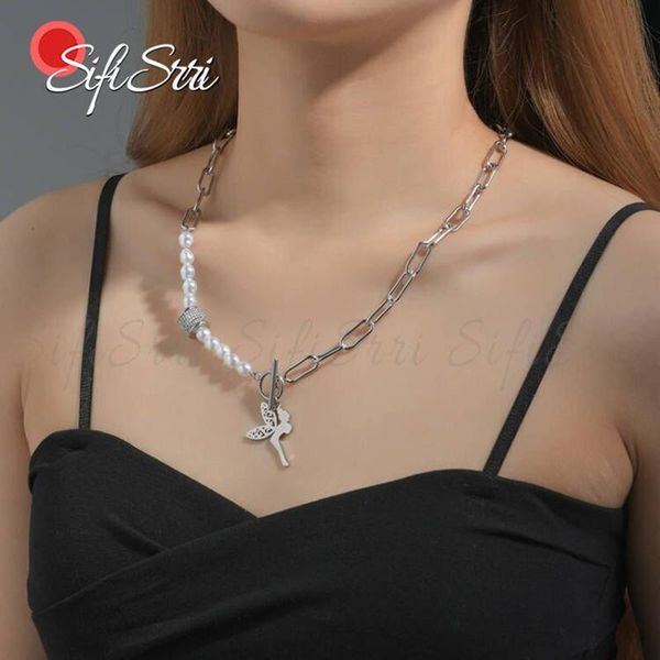 

chains sifisrri 2021 fashion butterfly pearl angel blade necklace for women lady girl pendant jewelry gift accessories, Silver