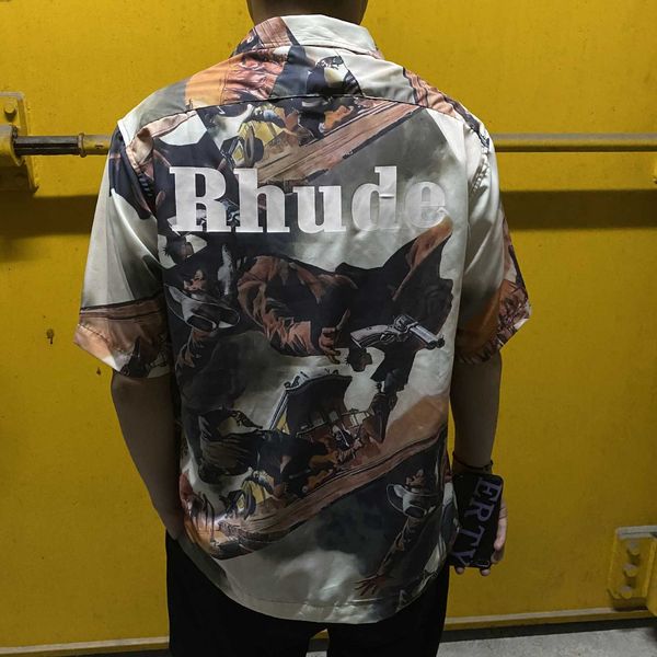 

2021 rhude oil painting shirt short sleeve bounty hunter back letter print high street fashion silhouette men's t-shirt, Black