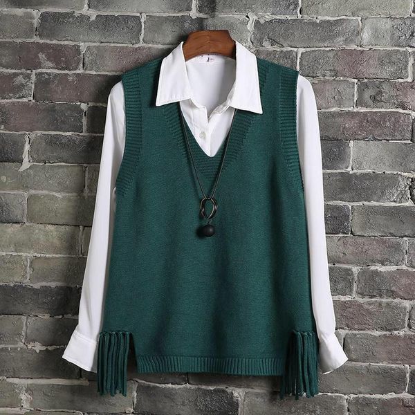 

women's vests spring v-neck sleeveless knit sweater women vest solid tassels hem waistcoat female 2021 casual plus size loose pullover, Black;white