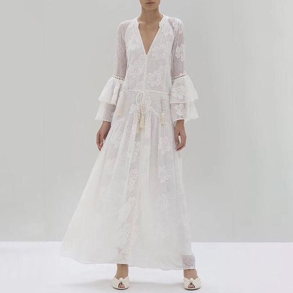 

casual dresses v neck lace embroidery long dress female flare sleeve hollow out tassel beach women autumn fashion party, Black;gray