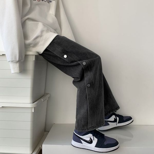 

2021 new men's loose straight baggy casual pants homme cargo pocket jeans side breasted biker denim blue/grey color trousers -2xl umek