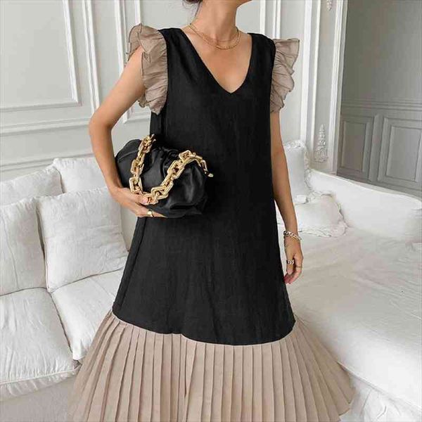 

[ewq] korea summer casual fashion v-neck double contrast color flying sleeves loose all match pleated dress women 16w1534, Black;gray