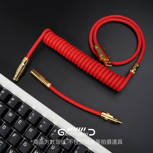 Geekcable El Yapımı Özelleştirilmiş Mekanik Keyboad Veri Kablosu Süper Elastik Altın Spiral Kauçuk Klavye Kablosu Kırmızı ve Altın