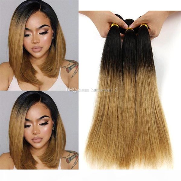 

virgin brazilian human hair weaves 1b 27 honey blonde human hair extensions silk straight light brown ombre hair weaves 3pcs lot 8a grade, Black;brown
