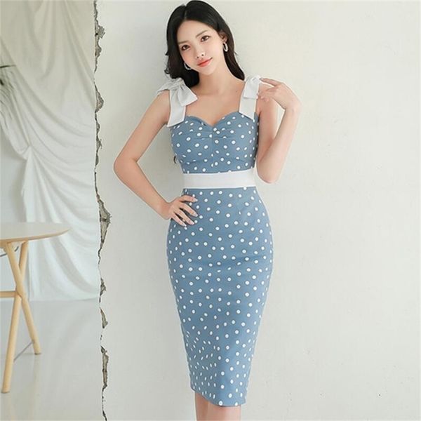 

elegant party dress summer suspenders white wave point sleeveless temperament high waist tight women 210603, Black;gray