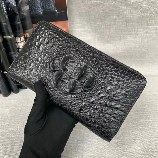

wallets authentic crocodile skin zipper closure men's large clutch bag long wallet genuine exotic alligator leather male card holders, Red;black