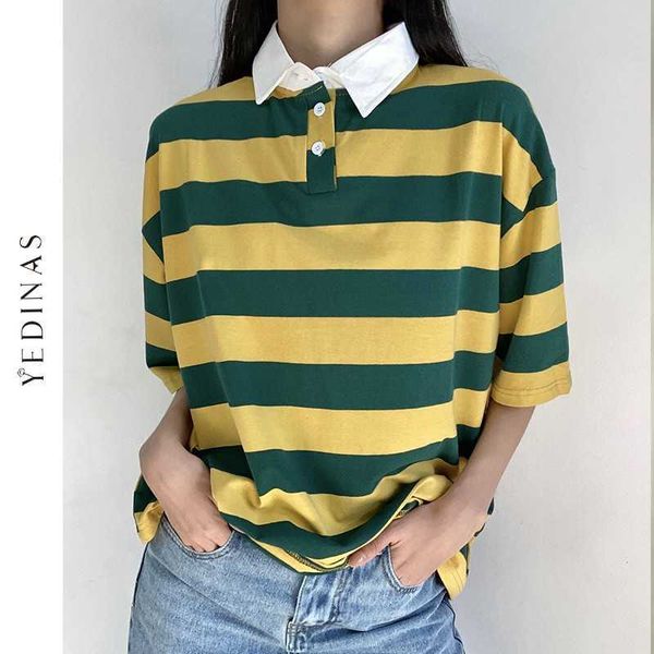 Yedinas Kontrastfarbe Gestreiftes Patchwork Kurzarm T-Shirt Frauen Umlegekragen Button Tees Harajuku Tops Koreanischer Stil T-Shirt 210527