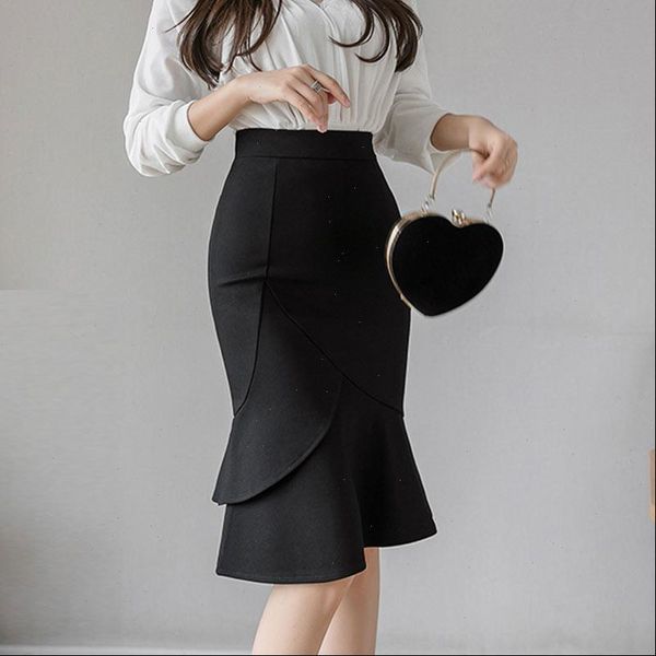 

plus size black red skirts womens 2021 casual summer skirt high waist office lady ruffles red pencil skirt jupe femme