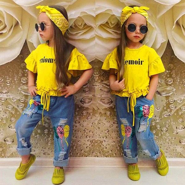 T-shirt infantil bebê meninas tops renda + shorts jeans buraco + bandana Conjuntos de roupas de verão Conjunto de roupas para crianças Conjuntos de 3 peças