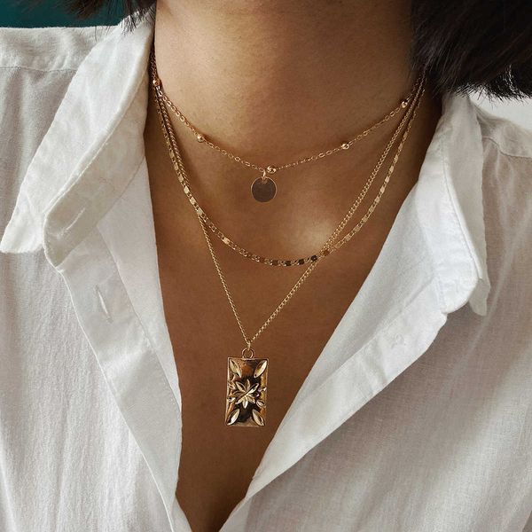 

jewelry sequin chain multi layer necklaces women's carved flower square pendant necklace, Silver