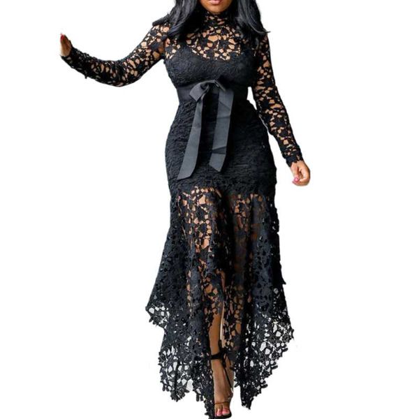 

casual dresses 2021 vintage party black lace long dress plus big size large 3xl women mesh hollow bodycon blue african ladies maxi, Black;gray